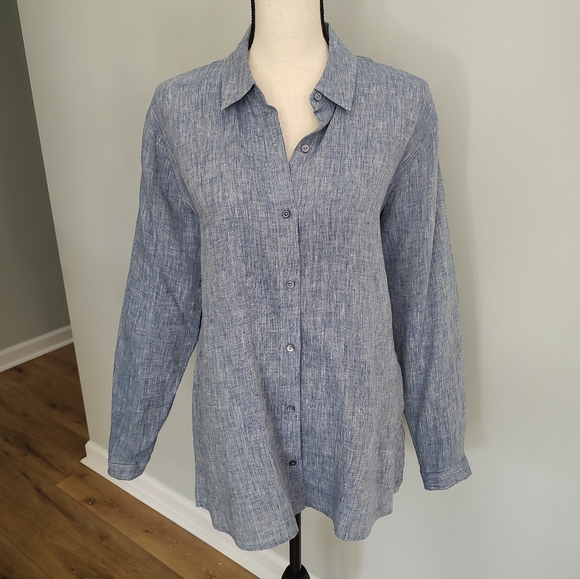 Eileen Fisher Yarn-Dyed Handkerchief Organic Linen Button Up Chambray Shirt PM - Picture 5 of 11
